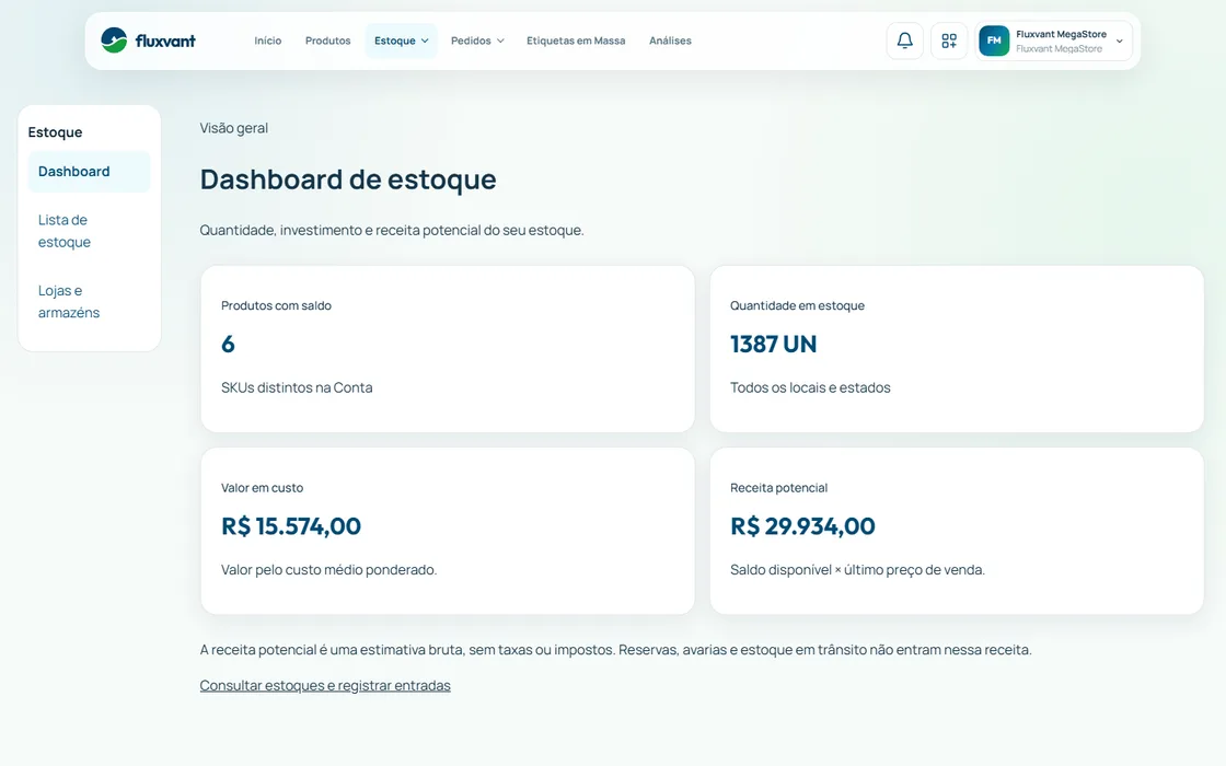 Dashboard de estoque na Fluxvant, com valor em custo e receita potencial pelo custo médio ponderado.