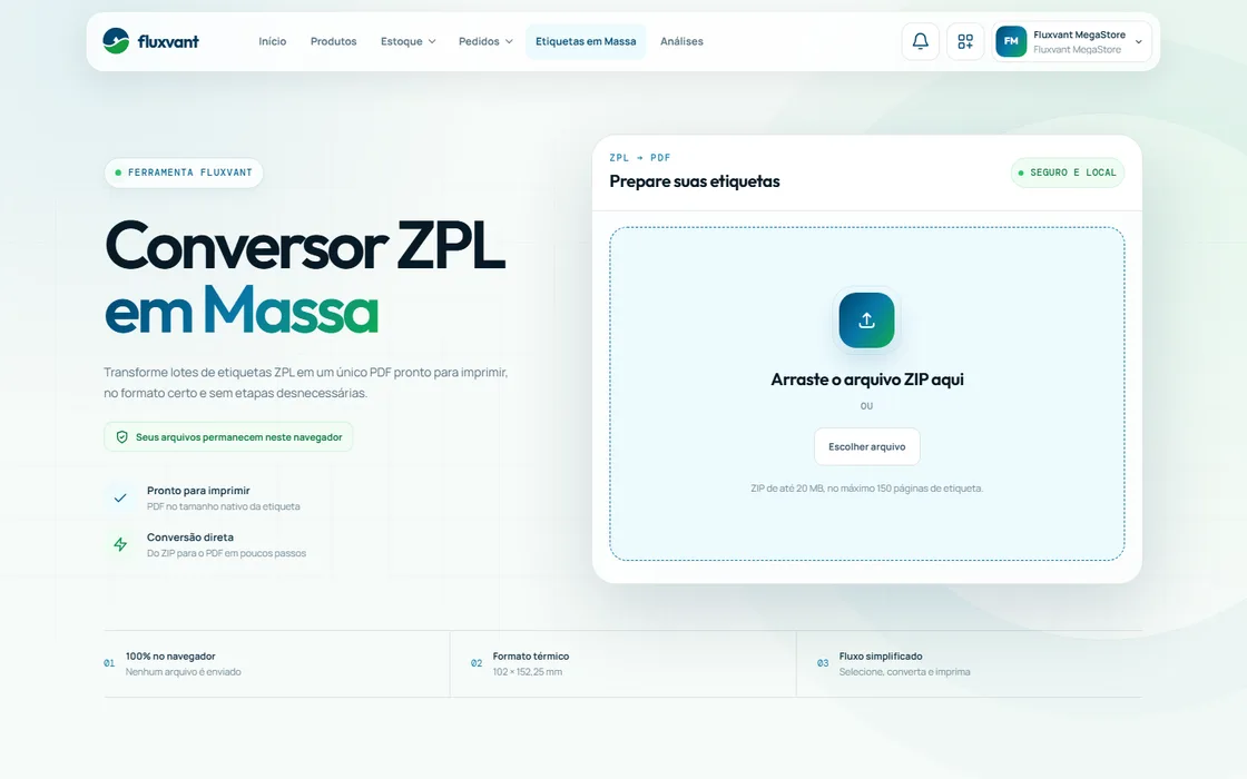 Conversor de etiquetas ZPL em massa da Fluxvant, pronto para receber um arquivo ZIP.