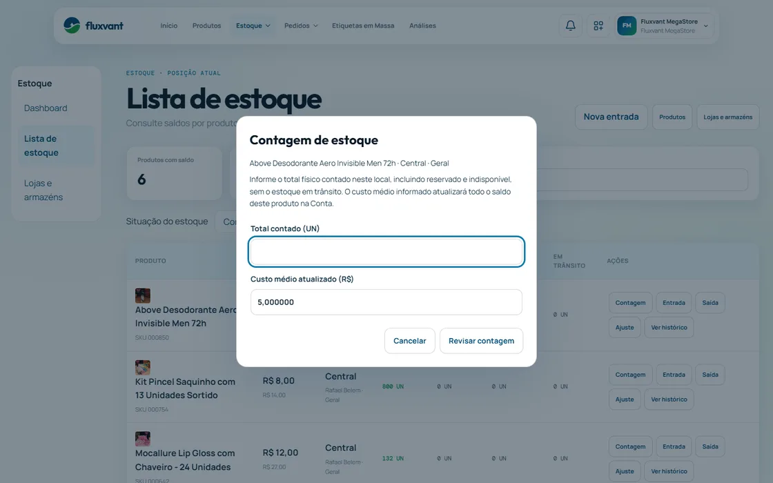 Formulário de contagem de estoque na Fluxvant, com o total contado e o custo médio atualizado.