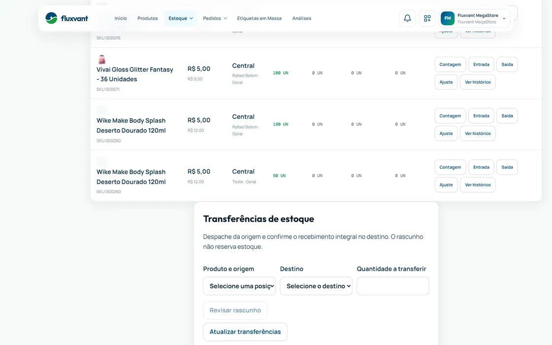 Painel de transferências de estoque na Fluxvant, com origem, destino e quantidade a transferir.